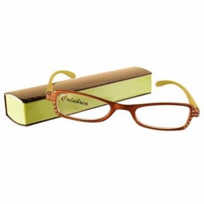 Calabria 837 Metallic Reading Glasses|Womens|Hard Case|Crystal Accents|Vibrant|Spring Hinged|18 Power Options|Mahogany Bronze/Golden Yellow|+1.50