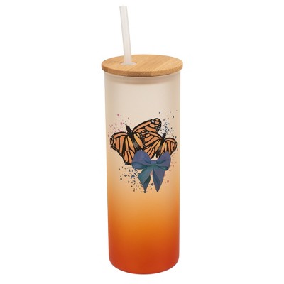Elanze Designs 25 Ounce Frosted Glass Gradient Travel Tumbler With Straw and Wooden Lid, Orange Monarch Butterflies Orange