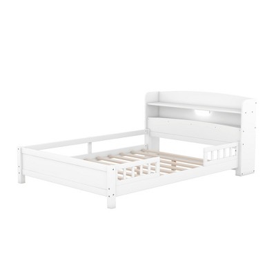 APRILSOUL Wood Full Size Platform Bed with Built-in LED Light, Storage Headboard and Guardrail, White