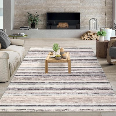 Modern Living Room Rug, Large Washable Striped Accent Carpet, Non-Slip, Stain-Resistant Low-Pile Foldable Floor Mat for Dining Room
