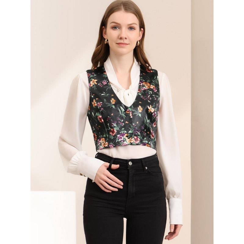 Allegra K Women's Floral Pattern Button Closure Satin Waistcoat Vest, 4 of 7