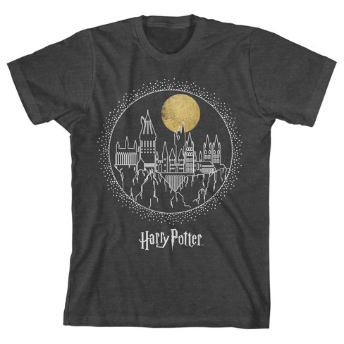 Harry Potter Hogwarts Castle Moonlight Line Art Boy's Charcoal Heather Tshirt - image 1 of 2