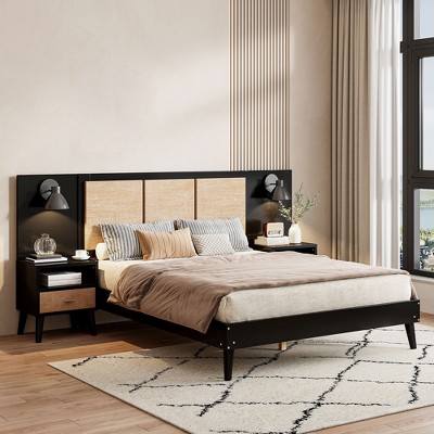 Queen Size Bed Frame with 2 Nightstands, Wood Platform Bed with Rattan Headboard, Wooden Slats Support, No Box Spring Required