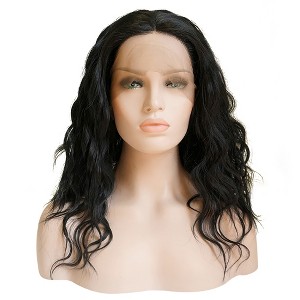 Unique Bargains Women's Medium Long Fluffy Curly Wavy Lace Front Wigs with Wig Cap 12" Black 1PC - 1 of 4