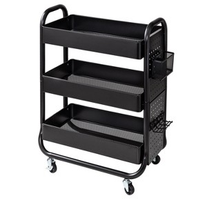 Honey-Can-Do 3 Tier Rolling Cart with Accessories: Black Steel Utility Storage, Fade-Resistant, Universal Placement - 1 of 4