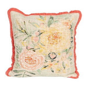 Storied Home Cotton Slub Pillow with Flowers, Embroidery and Eyelash Fringe, Multi Color - 1 of 4