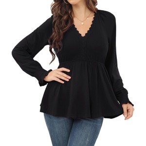 Clearlove Womens Embroidered V Neck Blouse Long Sleeve Shirts Peplum Waist Tops with Poet Sleeve - Black,X Large - 1 of 4