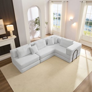 Yukimo 118" Oversized Modular L-Shaped Sectional Sofa - DIY Combination Floor Couch, Premium Corduroy Fabric with 6 Pillows, Beige+White - 1 of 4