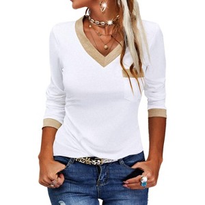 Imily Bela Womens Long Sleeve T Shirts Casual V Neck Color Block Tunic Tops Loose Basic Top - 1 of 4