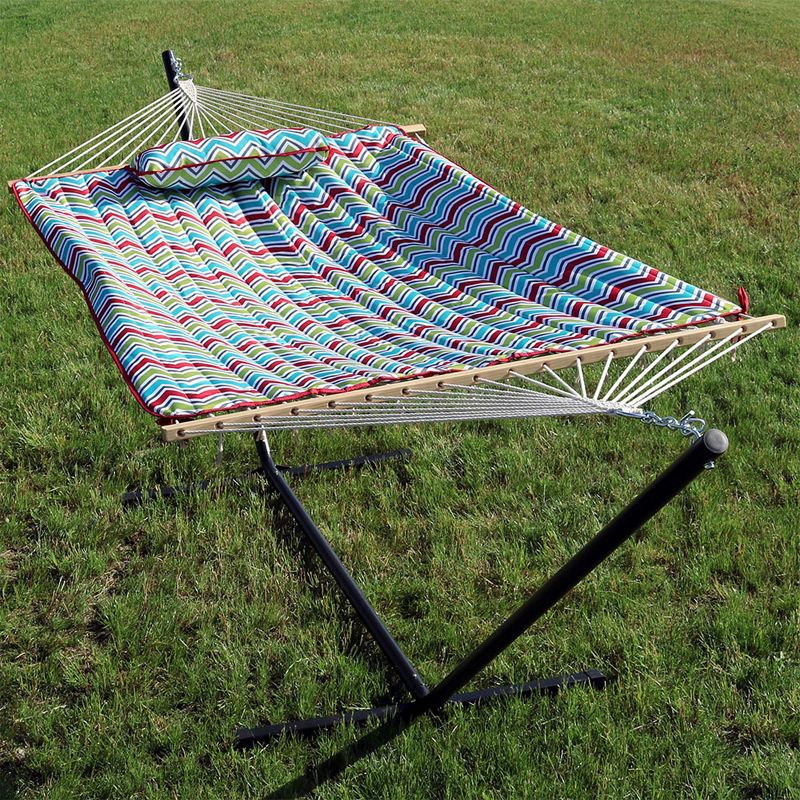 Sunnydaze Cotton Rope Freestanding Hammock with Spreader Bar with Portable Steel Stand and Pad and Pillow Set - 12' Stand, 2 of 11