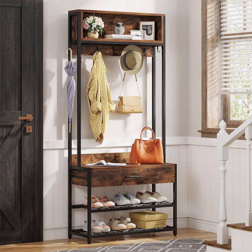 LITTLE TREE Entryway Hall Tree Industrial Coat Rack Rustic Brown