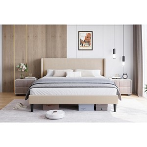 Upholstered Bed Frame with Wingback Headboard, Velvet Upholstery Platform Bed,No Box Spring Needed, Durable Wood Slats Support, Easy Assembly - 1 of 4