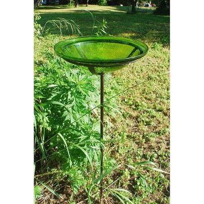Fern Green Hand-Blown Crackle Glass Birdbath with Iron Stake