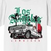 White Car Silhouette w/ Los Angeles Green Lettering and Palm Trees on White Short Sleeve Adult T-Shirt - 2 of 4