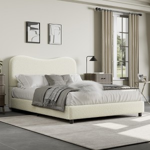 Twin Bed Frame, Velvet Upholstered Headboard, Low Profile Platform w/ Wood Slats, Easy Assembly, Beige - 1 of 4