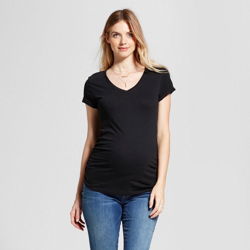 Size X-Large Short Sleeve V-Neck Side Shirred Maternity T-Shirt - Isabel Maternity by Ingrid & Isabel Black XL
