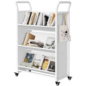 3-Tier Metal Rolling Storage Cart with Lockable Wheels and Side Hooks, White Finish, Versatile Shelving Unit for Home, Library, School, and Office - 1 of 4