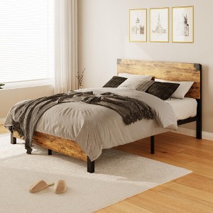 Platform Bed Frame with Wood Headboard, Under Bed Storage & Strong Wood Slats, No Box Spring Needed, Noise Free & Easy Assembly, Rustic Brown - 1 of 4