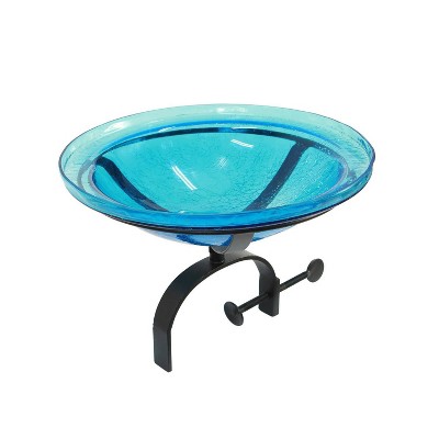 9" Diameter Reflective Crackle Glass Birdbath Bowl with Over Rail Bracket Teal Blue - Achla Designs