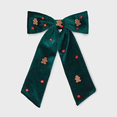 Holiday Gingerbread Icon Velvet Bow Hair Clip - Green/Brown