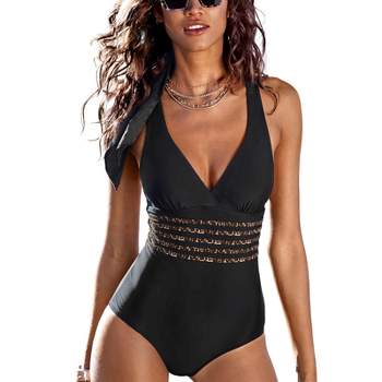 LASCANA Women's Black Leopard Trim One Piece Swimsuit Shaping Swimwear