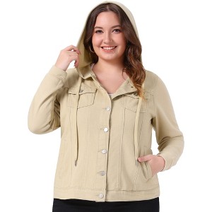Agnes Orinda Women's Plus Size Denim Hood Layered Drawstring Fall Winter Button Pockets Jean Jackets - 1 of 4