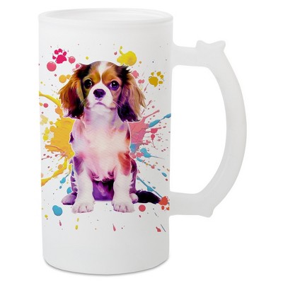 100 North Freezable Beer Stein Mug With Thumb Grip Handle, 16 Ounce Frosted Glass, King Charles Spaniel Paint Splatter