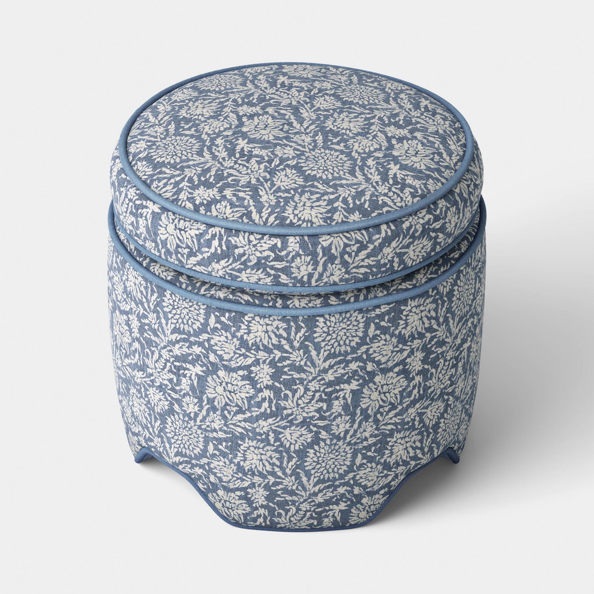 Upholstered Storage Ottoman with Piping Printed Blue Fabric