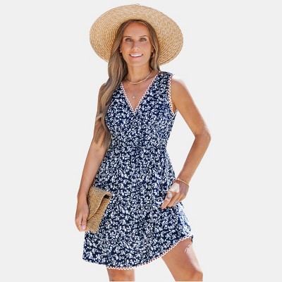 Women's Floral Print Sleeveless V-Neck Sundress with Lace Trim - Cupshe