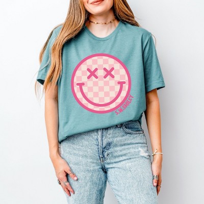 Simply Sage Market S.W.Smiley Pink Checker Smiley Face Short Sleeve Tee - 2XL - Ocean