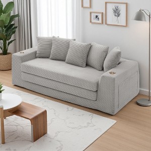 82.25" Corduroy 3-Seater Convertible Sofa Bed with 5 Pillows, Side Pockets & Cup Holders - 1 of 4