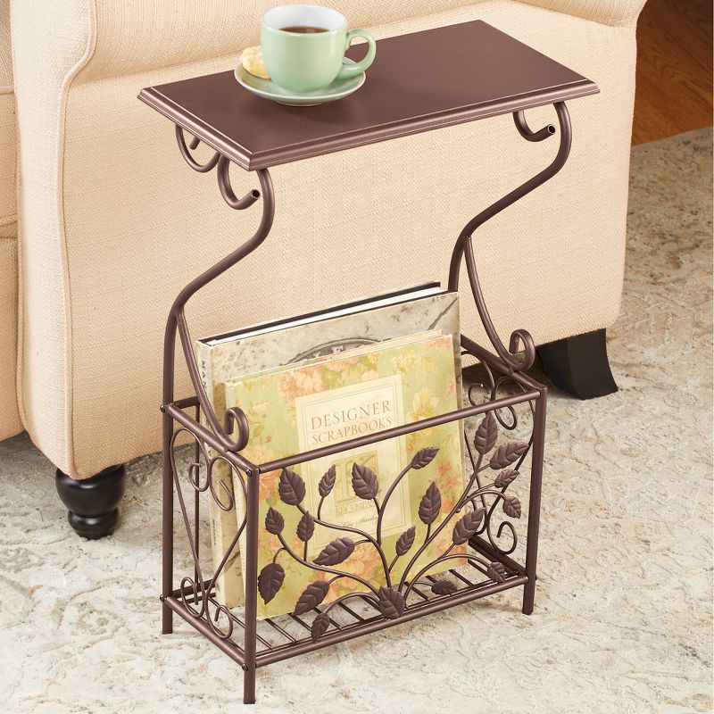 Collections Etc Leaves Iron and Wood Magazine Holder Side Table 14.25 X 7 X 22.25 Bronze, 2 of 3