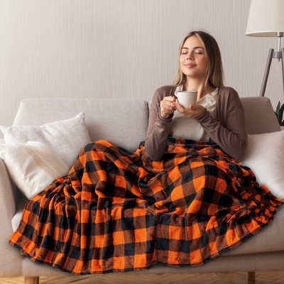 Orange and Black Buffalo Plaid Fleece Throw Blanket