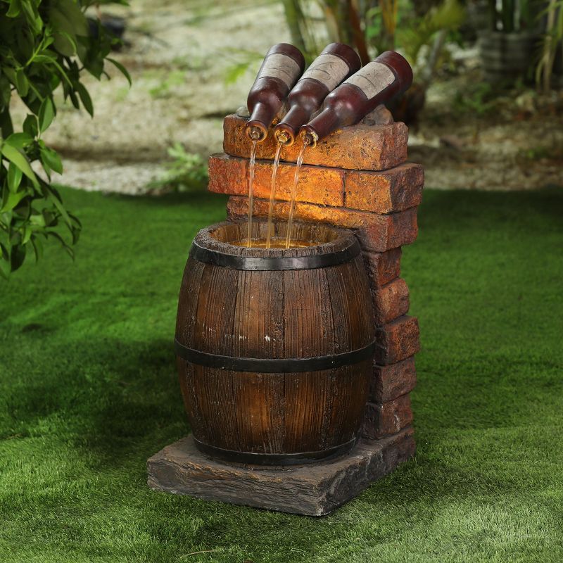 LuxenHome Resin Wine Bottle and Barrel Outdoor Fountain with LED Lights Brown, 3 of 8