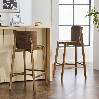Set of 4 Wooden Bar Stools,Rubberwood Frame Bar Chairs with Square Bentwood Seat and Curved Low Back,Modern Home Bar Stools-Cuddlewood