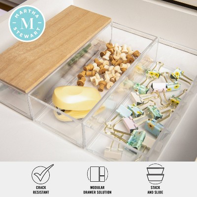 Clear Stackable Plastic Organizer Bins with Light Wood Lid, 3 Pack