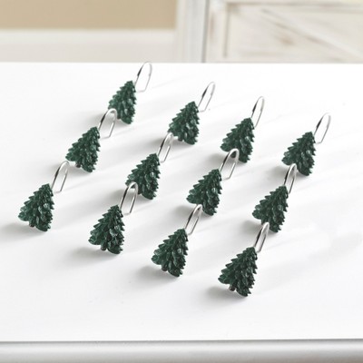 Evergreen Tree Cold Cast Ceramic Shower Curtain Hooks Set of 12