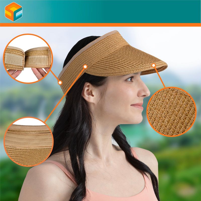 SUN CUBE Womens Straw Visor Hat, Wide Brim Straw Sun Hat Visor, Beach Cap Foldable Roll Up Travel Ponytail Golf Hat, 4 of 8