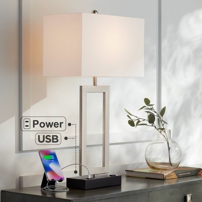 Brushed Nickel Modern Table Lamp with USB and AC Outlet