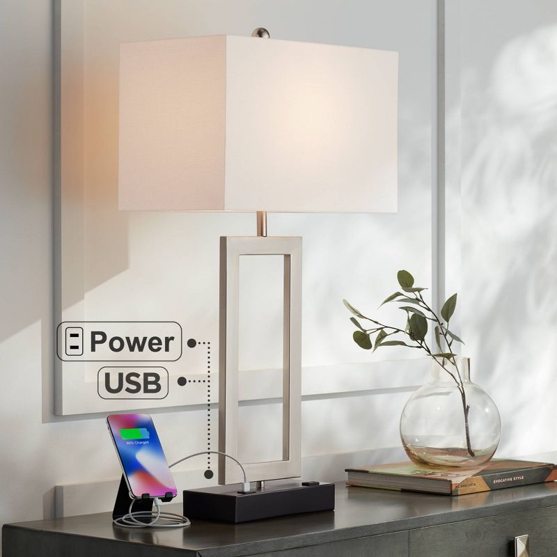 360 Lighting Todd Modern Table Lamp 30" Tall Steel Open Rectangle with USB and AC Power Outlet in Base White Shade for Bedroom Living Room Bedside, 3 of 11