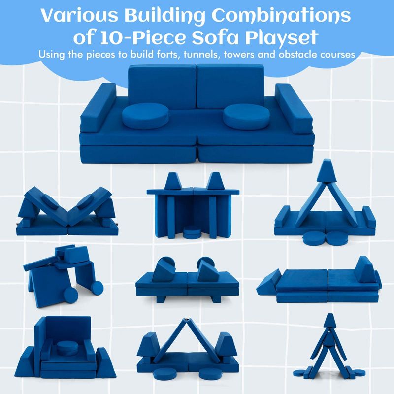 Costway 10 PCS Kids Play Sofa Set Modular Convertible Foam Folding Couch Toddler Playset Blue/Grey/Green, 5 of 11