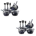 NutriChef Nonstick Ceramic Cooking Kitchen Cookware Pots and Pan Set with Lids and Utensils, 11 Piece Set, Blue Diamond (2 Pack)
