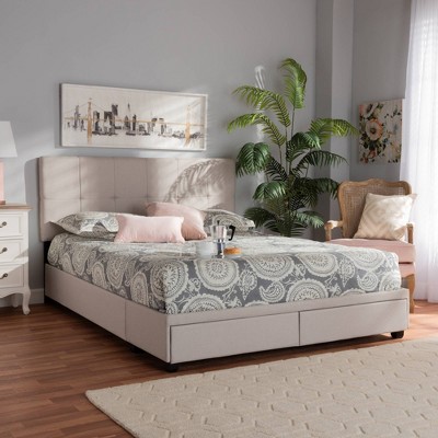 Elegant Beige Linen Queen Storage Bed with Biscuit Tufting