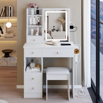 Small White Vanity Table Set with LED Mirror & Charging Ports, American Style Makeup Desk for Teen Girls Bedrooms-Cuddlewood