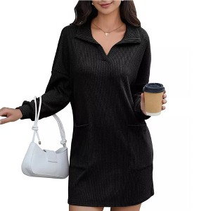 Clearlove Dresses Women Fall Button Down Lapel Collar Long Sleeve Knee Length Shirt Midi Dress with Pockets - 1 of 4