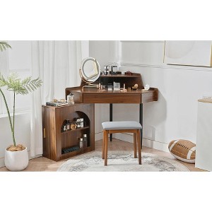 HDZNVF Corner Makeup Vanity Desk With Mirror And Stool, Dressing Table With Large Storage, Walnut - 1 of 4