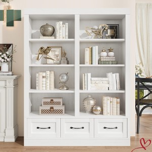 Heavy Duty 64" H Tall Bookcshelf with 3 Storage Drawers, Tall Bookcase w/ 4 Tier Double Wide Open Shelf - 1 of 4
