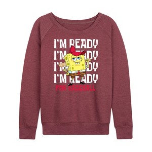 Women's - SpongeBob SquarePants - Ready For Baseball Lightweight French Terry Wide Neck Long Sleeve Shirt - 1 of 4