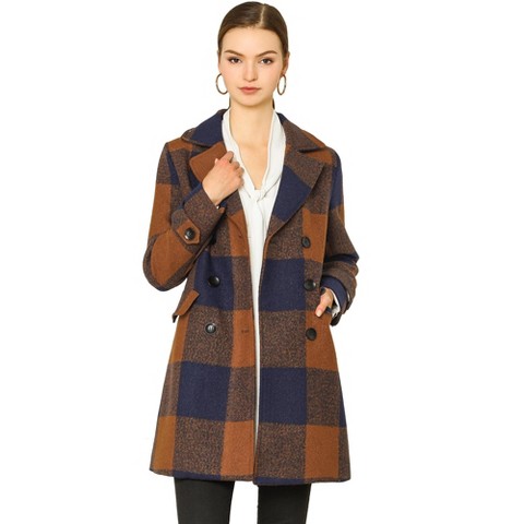 Allegra K Women's Winter Notched Lapel Double Breasted Classic Buffalo Checks Pea Coat X-Small Brown