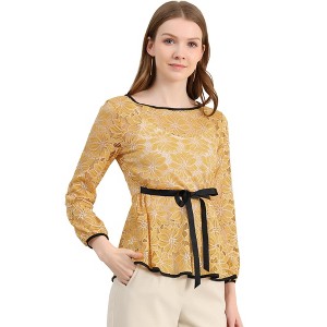 INSPIRE CHIC Women's Semi-Sheer Elegant Tie Waist Long Sleeve Floral Lace Peplum Blouses - 1 of 4